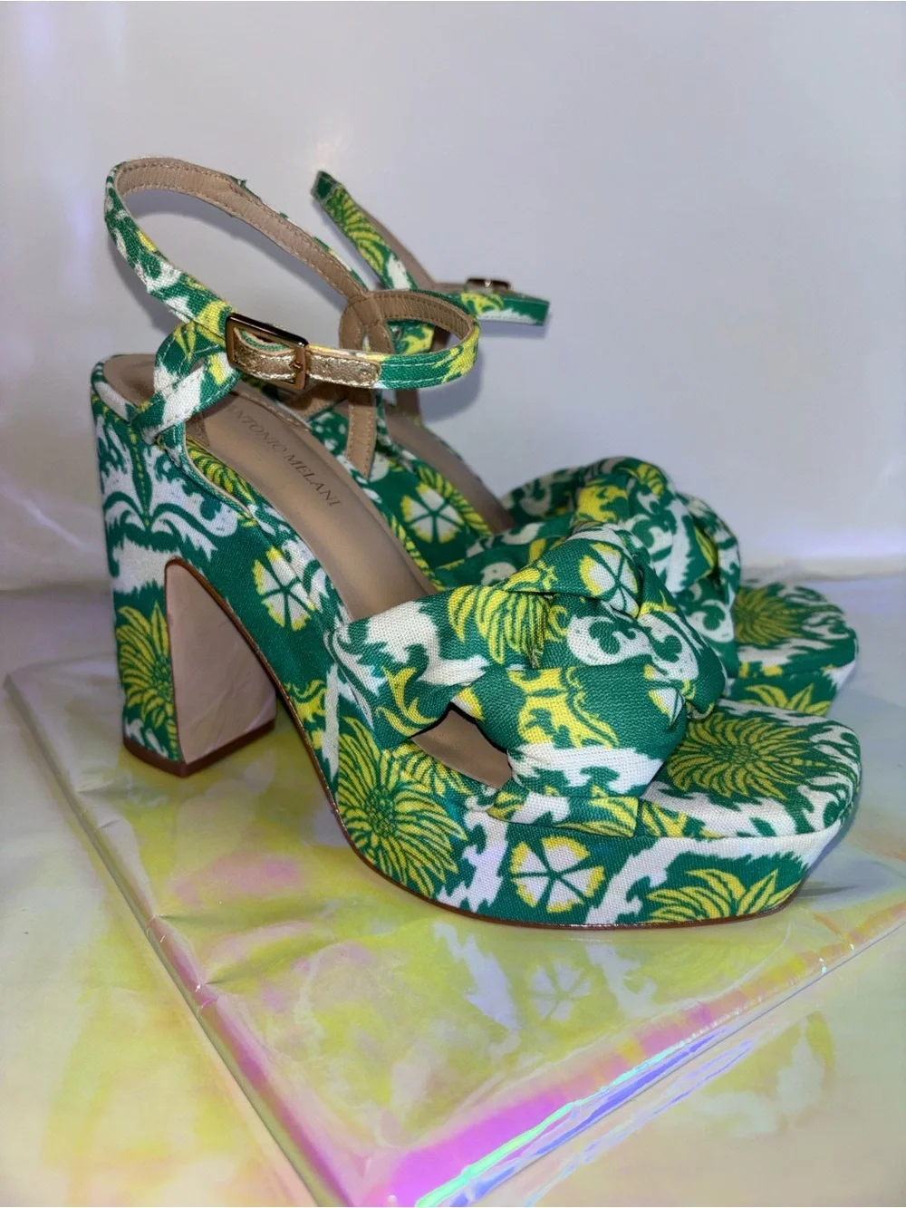 ANTONIO MELANI Green and Yellow Floral Platform Sandals